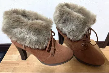 인조 모피 부츠 힐 8cm 브라운 23.5 24