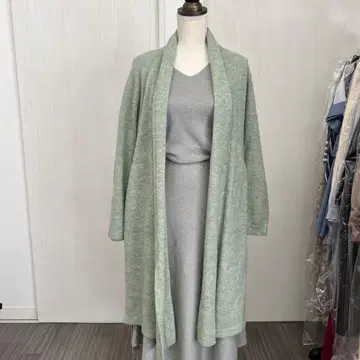 연한 녹색 롱 가디건 허리 리본 포함