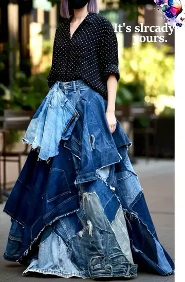 겹겹 프릴 빅 플레어 롱 스커트 패치 패치워크 데님+데님