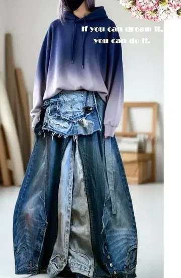 데님 리메이크 빅 플레어 팬츠 x 플리츠 랩 스커트 셋업