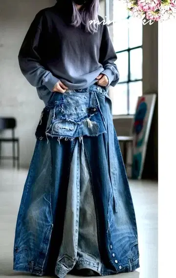 데님 리메이크 빅 플레어 팬츠 x 플리츠 랩 스커트 셋업