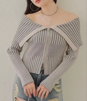 W 지퍼 오프숄더 자카드 니트