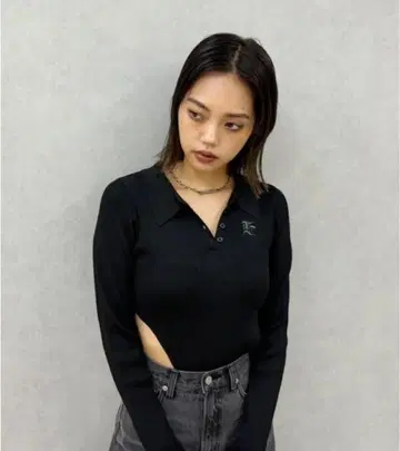 EVRIS 로고 리브 니트 바디 수트 (블랙)