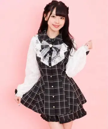 시크릿허니 리본 레이스 프릴 셋업 체크 블랙