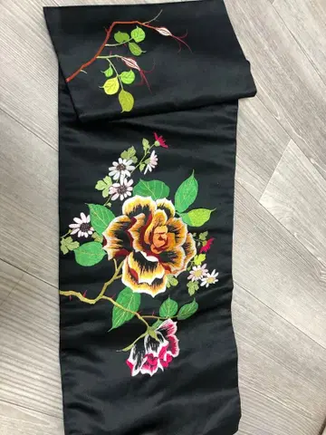 나고야 오비 꽃무늬 자수 블랙 장미 로즈 오비 기모노