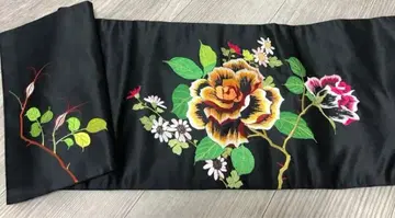 나고야 오비 꽃무늬 자수 블랙 장미 로즈 오비 기모노