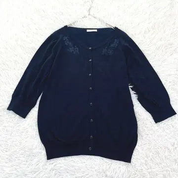테치치 자수 니트 가디건 7부 소매 네이비 고급 워셔블