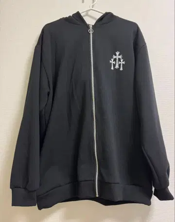 크로스 패턴 풀 집업 후드티 블랙 L 사이즈 고양이 귀 후드