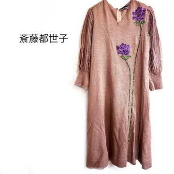 사이토 토요코 니트 원피스 자수 디자인 꽃무늬 7부 소매 고급 디자인