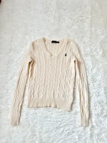 폴로 랄프로렌 스웨터 케이블 V넥 울 캐시미어 혼방 화이트
