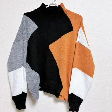 지오메트릭 패턴 하이넥 니트 XL 남녀 스웨터