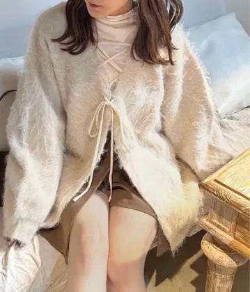 샤기 레이스업 니트 가디건