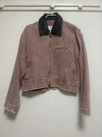 핑크 데님 가죽 옷깃 크롭 자켓