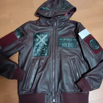 AVIREX 브라운 가죽 후드 부착 자켓