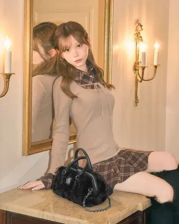 미셸 마카롱 체크 도킹 원피스 모카 베이지