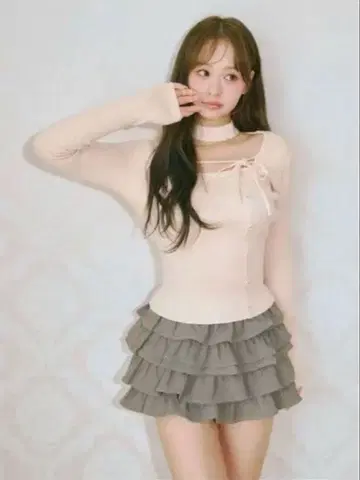 BUBBLES 초커 버튼 니트탑 핑크