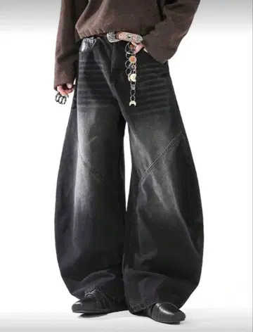 블랙 와이드 레그 데님 팬츠