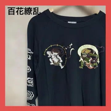 백화요란 풍신뇌신 자수 롱T L 블랙 일본풍 패턴