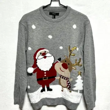 산타와 루돌프 무늬 니트 스웨터 그레이
