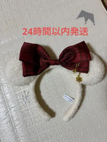 디즈니 머리띠 화이트 퍼와 리본