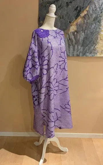 순수 실크 총시보리 후리소데 보라색 계열 기모노 리메이크 풀오버 원피스