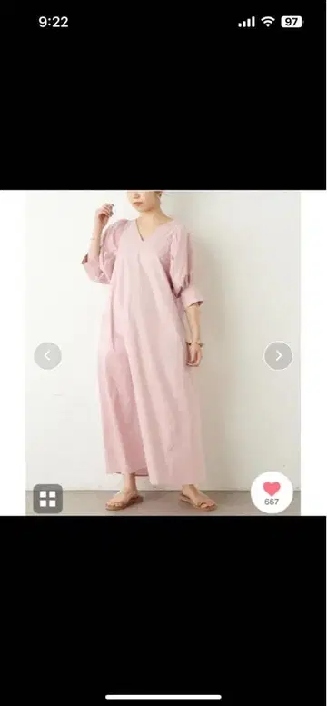 Omekashi 핑크 V넥 퍼프 슬리브 롱 원피스