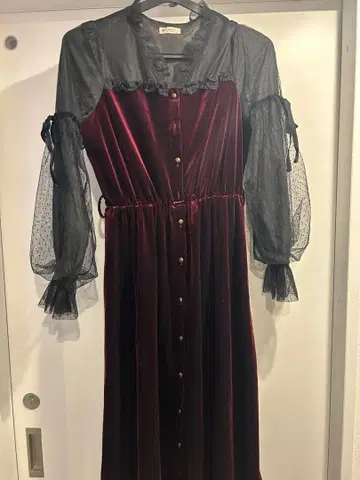 버건디 벨벳 시스루 롱 드레스