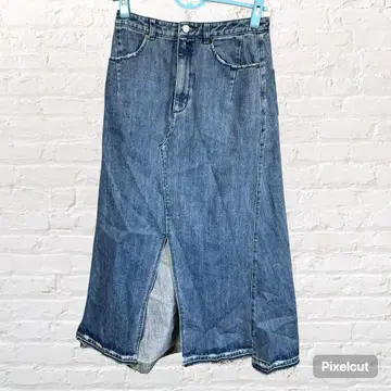 50142 펠리시모 데님 롱 스커트 블루 슬릿 밑단 프린지 L