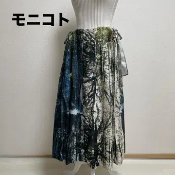 모니코토 롱 스커트 플레어 리본 보타니컬 전사 프린트