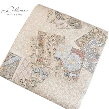 LULU3 후쿠로 오비 꽃 새 원앙 학 츠지가하나 보물 무늬 금색 베이지