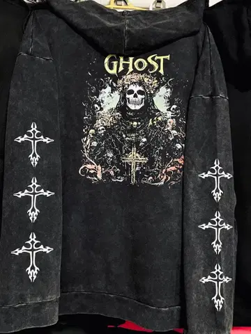 고스트 스컬 디자인 풀 집업 후드티 사신 빈티지 락 XL 상당