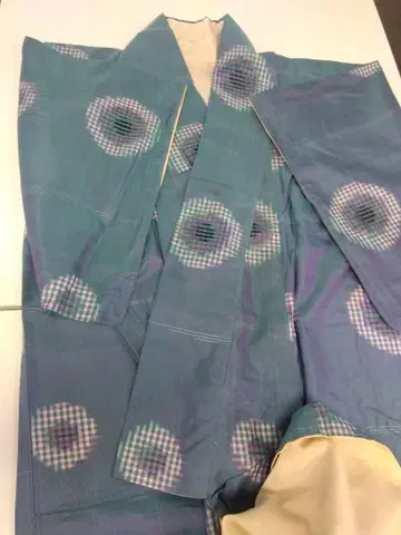 [ 빈티지 ] 메이센 코몬 희소한 레트로 패턴 기모노 시치이토 부착