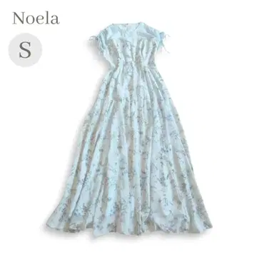 Noela 노엘라 꽃무늬 롱 원피스 S 색스 블루 반팔 시어 올 패턴