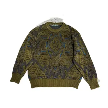 기하학 패턴 올리브 그린 스웨터 구제 의류