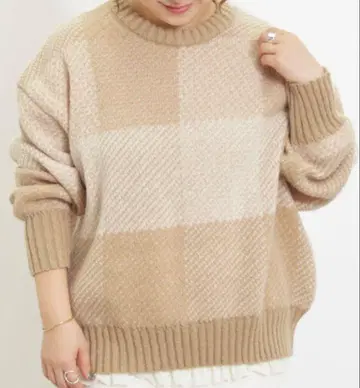 사만사 모스모스 베이지 체크 니트 스웨터 긴팔