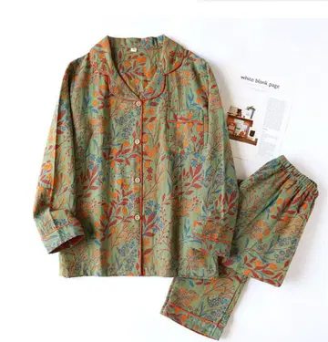 꽃무늬 룸웨어 세트 더블 거즈 파자마 면 100% 3 L