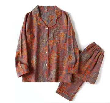 꽃무늬 긴팔 파자마 세트 면 100% 거즈 파자마 3L