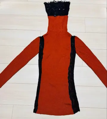 레이스 절개 리브 니트 터틀넥 오렌지 빨간색