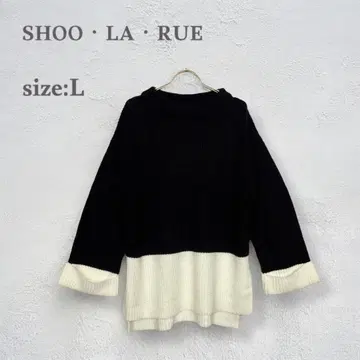 슈라루 니트 스웨터 바이컬러 둥근넥 루즈핏 슬릿 소매 롤