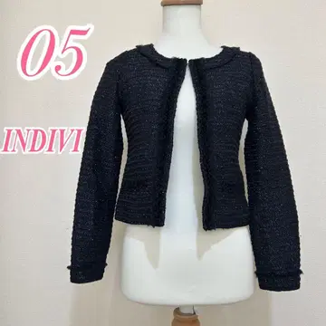 INDIVI 네이비 노카라 자켓 트위드 깔끔한 코디 오피스