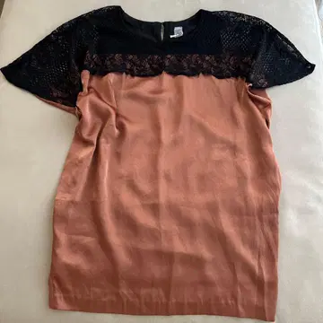 브라운 오렌지/블랙 레이스 반팔 미니 원피스