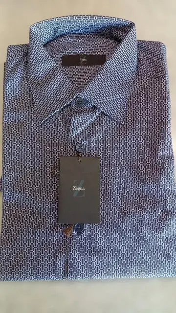 Zegna 네이비 기하학 패턴 드레스 셔츠