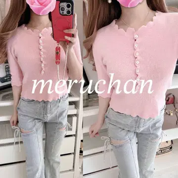 [ 새상품급 ] 시루무린 부클레 스캘럽 니트 하프 소매 상의