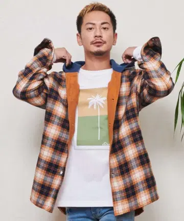 [미사용 새상품] 리룸 후드 부착 플란넬 셔츠 오렌지 네이비 체크 S