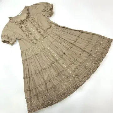 핑크하우스 옅은 베이지 피코 프릴 핀턱 럭셔리 면 원피스