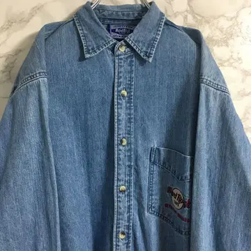 하드 록 카페 양면 로고 자수 원포인트 자수 데님 셔츠 스카이블루 S