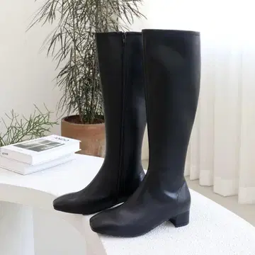 블랙 스퀘어토 롱 부츠 천연 가죽 23.5