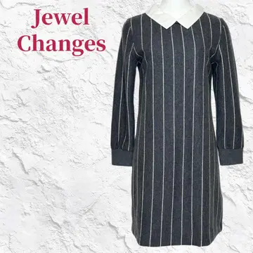 컨디션 최상 주얼 체인지즈 배색 옷깃 스트라이프 원피스 긴팔 울 100%