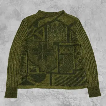 레어 빈티지 총 패턴 자카드 니트 기하학 패턴 올리브 L 상당
