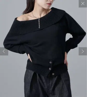 루이스 오프숄더 밑단 디자인 니트 풀오버 블랙